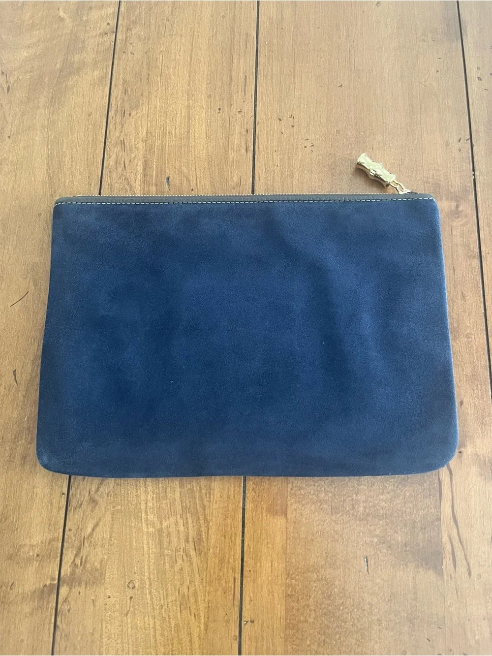 J. McLaughlin Jenna Navy Blue Suede Zip Clutch with Gold Hardware